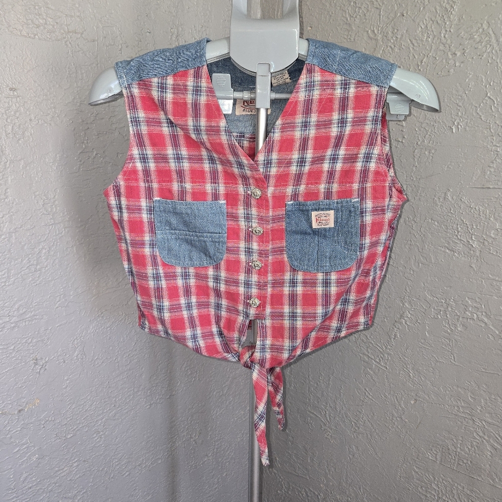 Vintage Red Plaid and Blue Denim Crop Top Western Rodeo Pockets